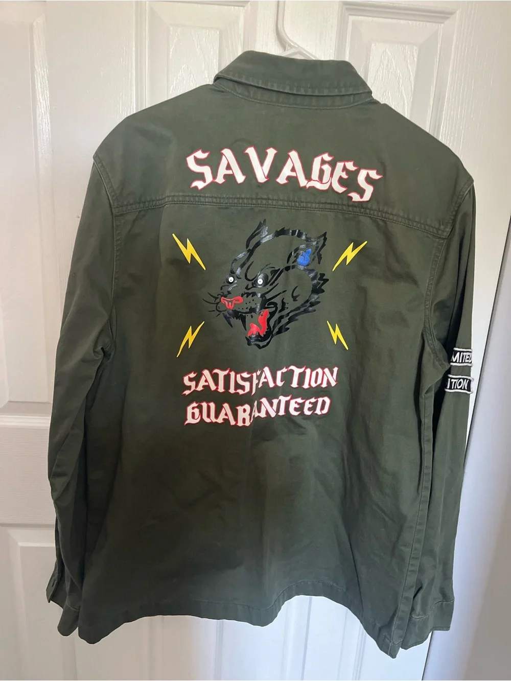 Forever 21 Olive Green Military Field Jacket with Red and Yellow Patch Accents